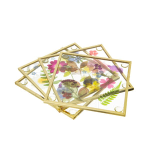 Pressed Flowers Glass Coasters - Set of 4