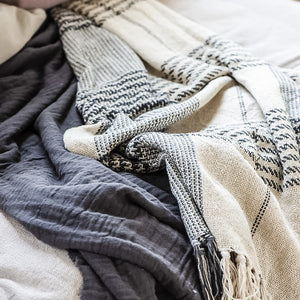Cream and Blue Check Throw