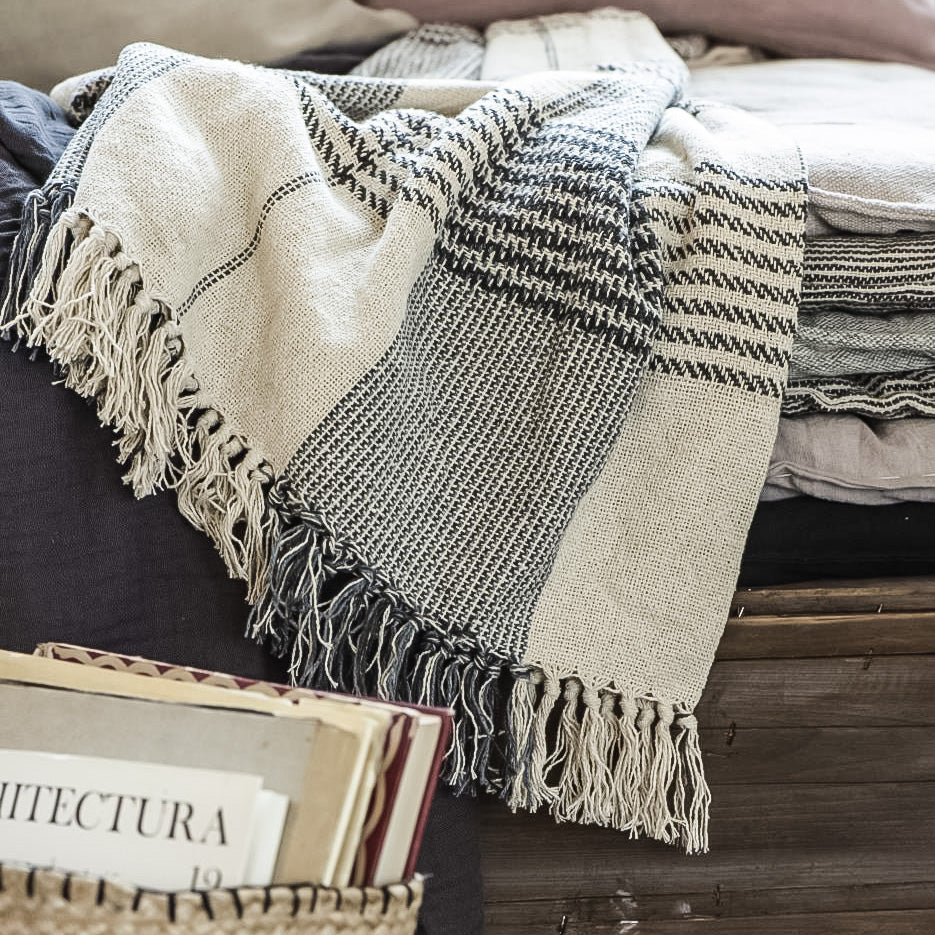 Cream and Blue Check Throw